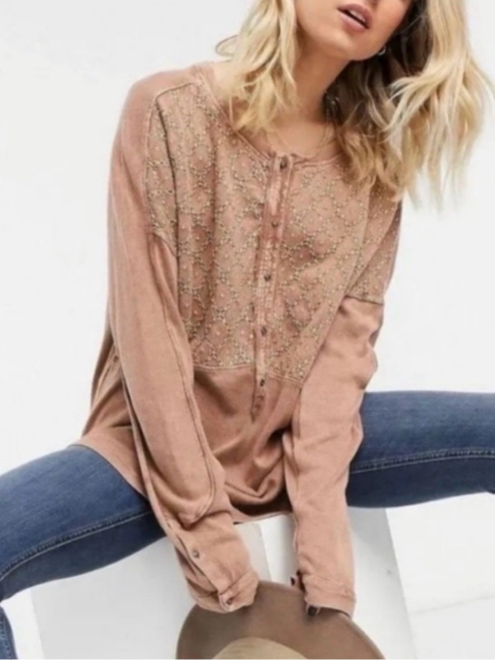 Free People Free Spirit Henley Oversized Tunic- Quilted Embroidered Boho Top